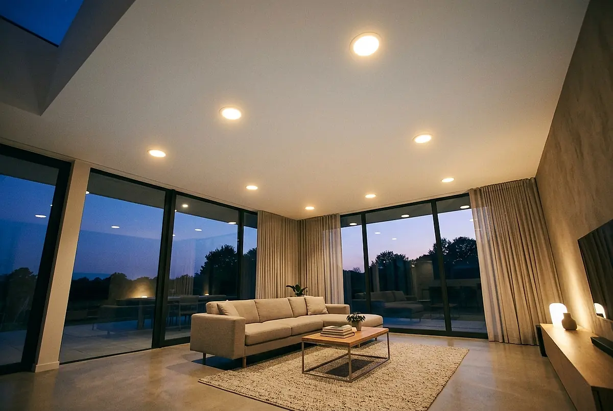 A living room lit by warm recessed ceiling lights at dusk.