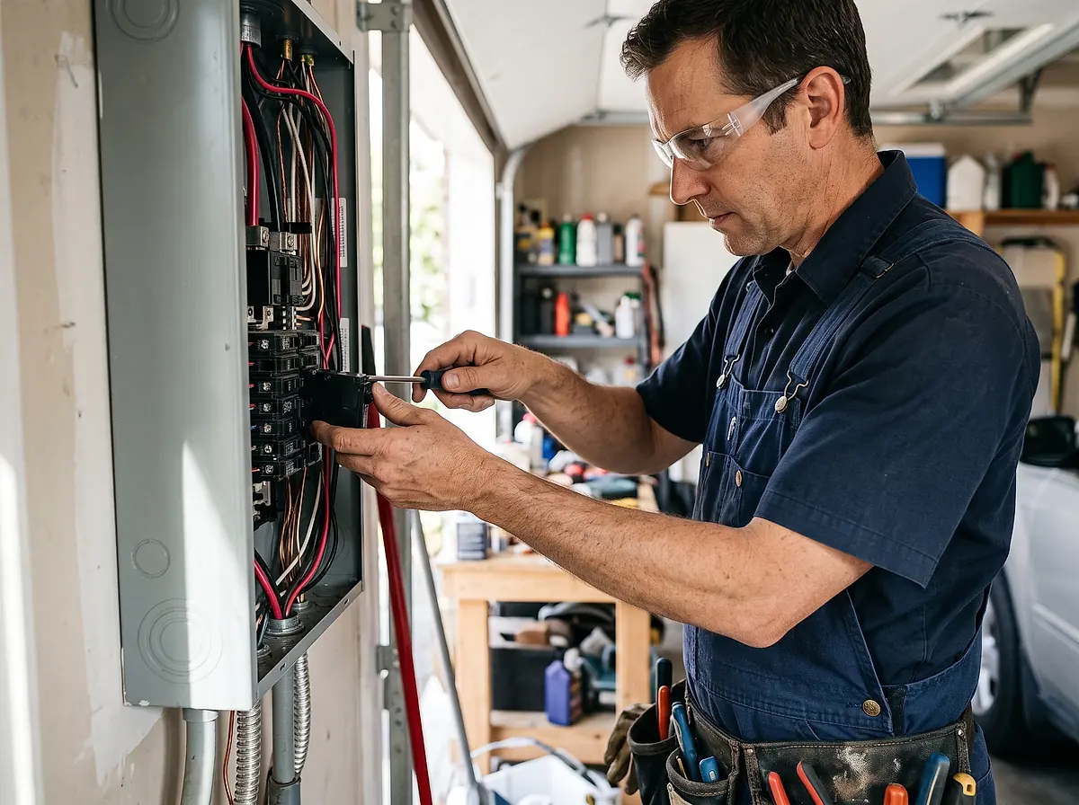 An electrician fitting a new breaker inside a residential electrical panel.