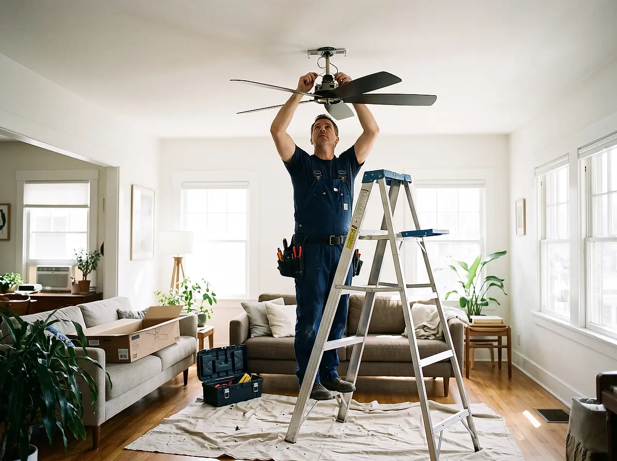 An electrician on a step ladder installing a ceiling fan in a bright living room.