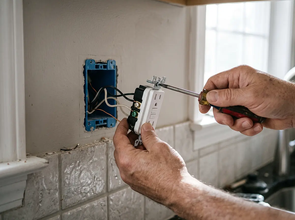 Hands fitting a white GFCI outlet into a kitchen wall above a tiled backsplash.