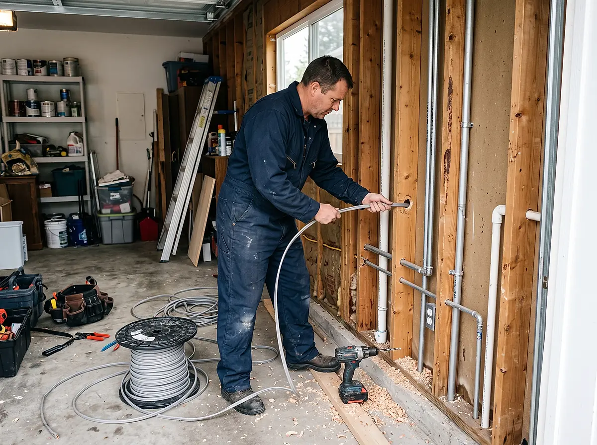 An electrician drilling through a garage wall to run a cable for a new circuit.