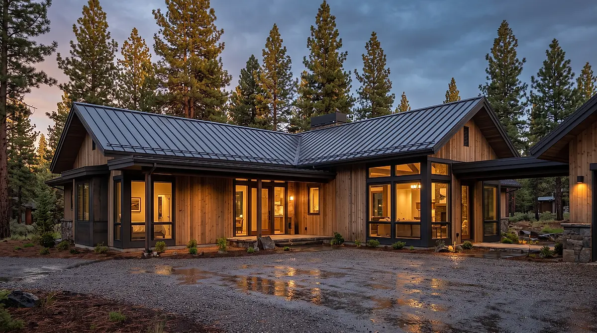 A modern mountain home with a dark charcoal standing seam metal roof, tall pines behind it and its windows lit at dusk.