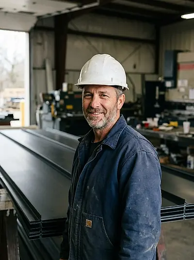 Owen Castellanos in a work jacket and hard hat, standing in front of stacked sheets of dark standing seam roofing.