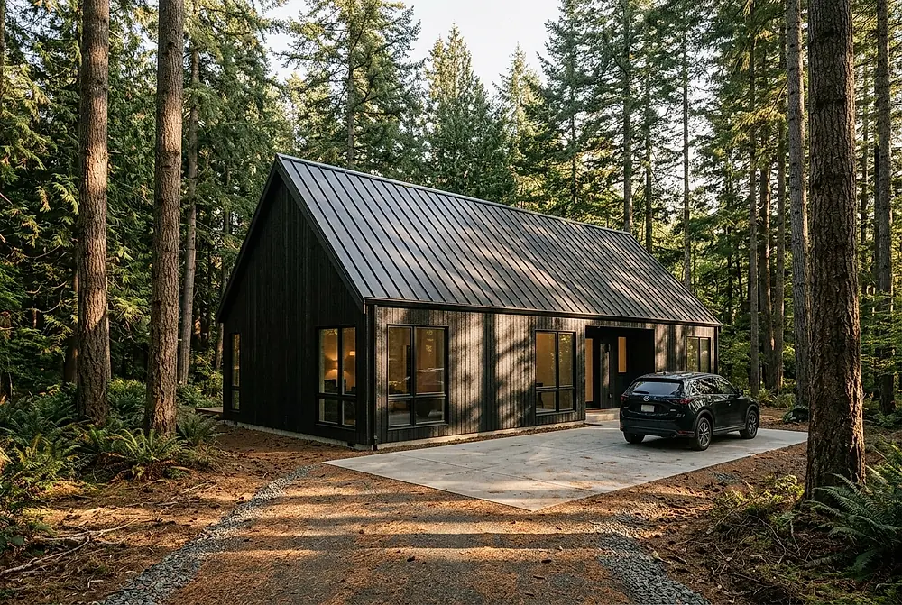 A blackened timber house with a dark standing seam metal roof among pines, a car parked on the pad in front.