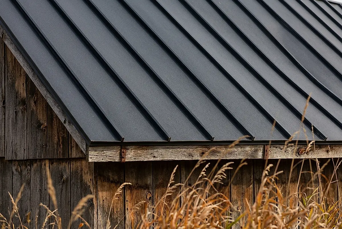 Raised seams of a charcoal standing seam metal roof casting sharp shadows on a barn roof.