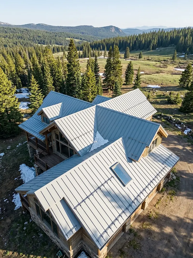 Lines of snow guards and a skylight across a light grey standing seam roof on a mountain home.