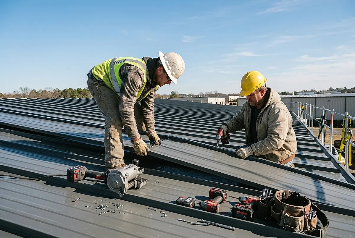 Two roofers in hard hats fixing long standing seam panels to a low slope roof.