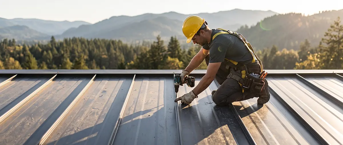 A roofer in a hard hat fastening a standing seam metal panel with a cordless screw gun.