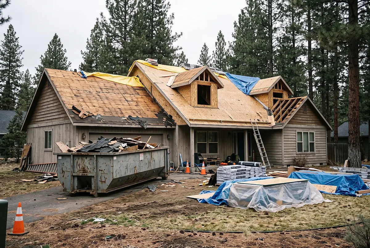 Before: a house in Bend with only sheathing on the roof and building materials in the yard.