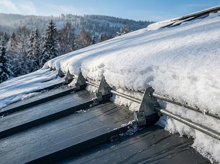 Snow guards holding a layer of snow on a standing seam roof under a clear winter sky.