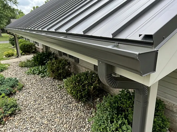 A metal gutter running along the eave of a house with a standing seam metal roof.