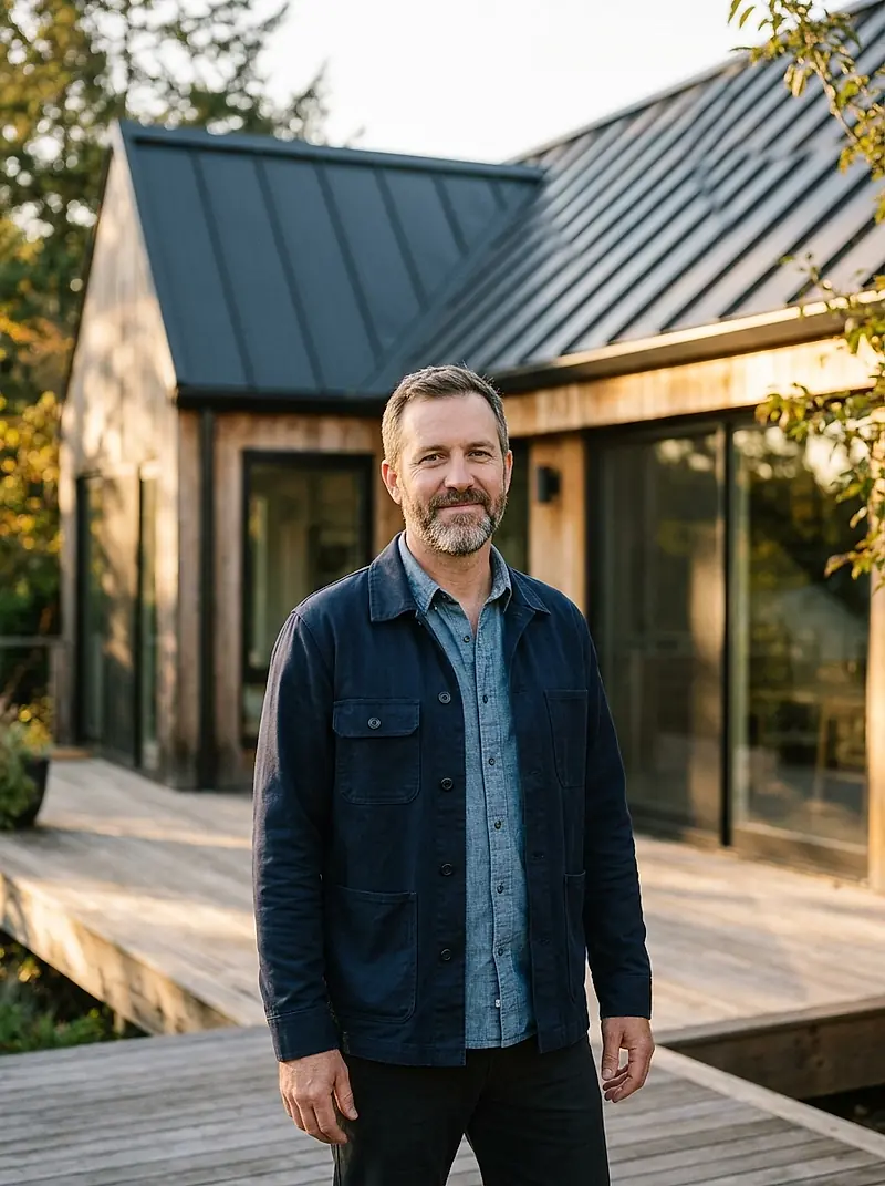 Owen Castellanos standing on the deck of a modern home with a dark standing seam metal roof behind him.