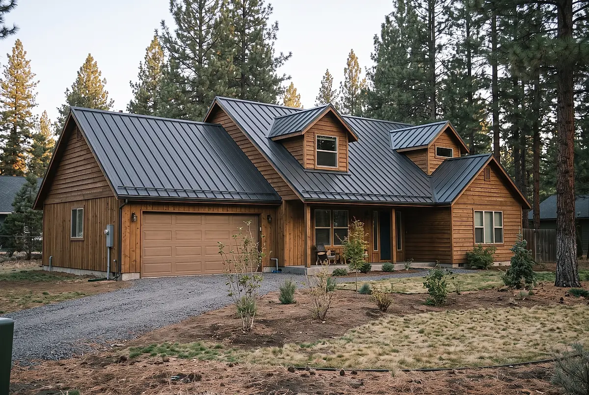 After: the same house finished with a dark charcoal standing seam metal roof and a gravel driveway.