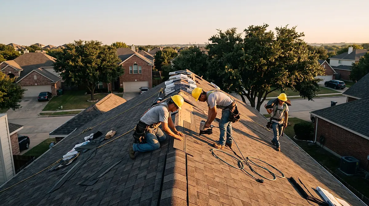 Three roofers in hard hats laying new architectural shingles on a house at sunset.