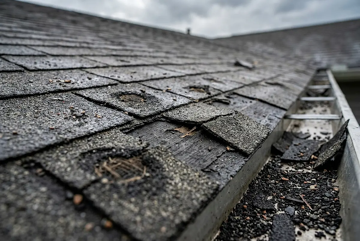 Hail damage on an asphalt shingle roof, with cracked and missing shingle tabs.