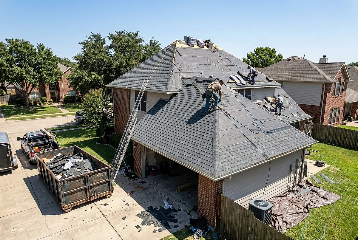 Roofers installing fresh architectural shingles in neat rows on a two storey house.