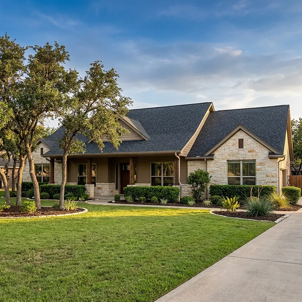 A single storey Texas house with a new dark architectural shingle roof and new gutters.
