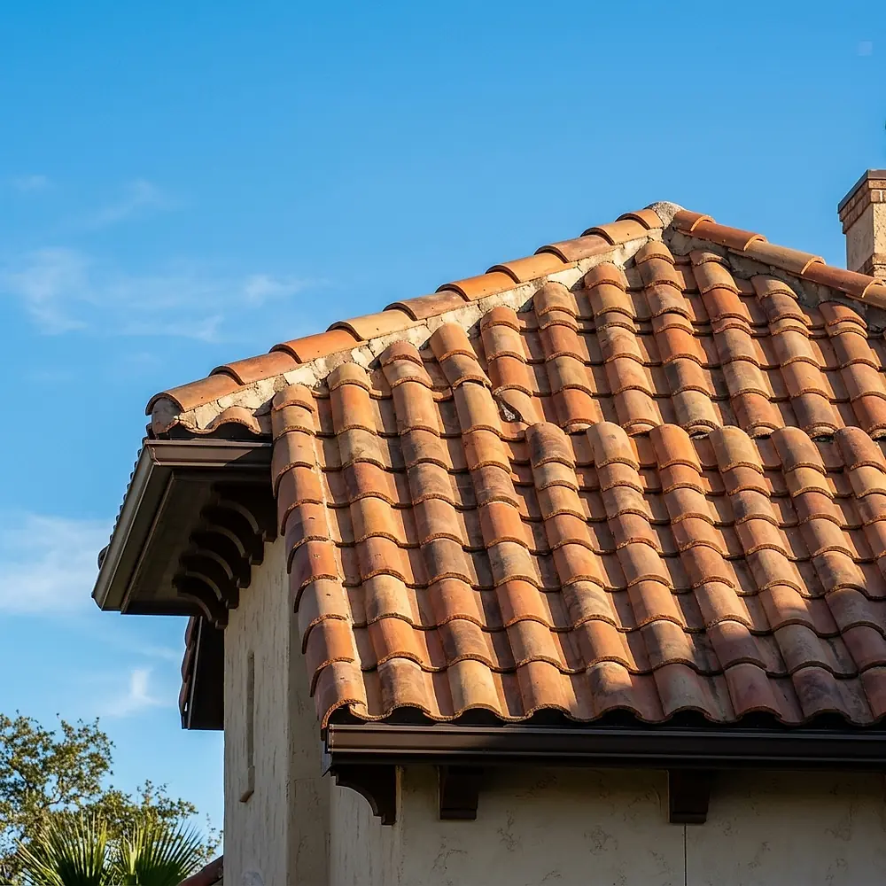 A clay barrel tile roof in neat courses under a blue sky.