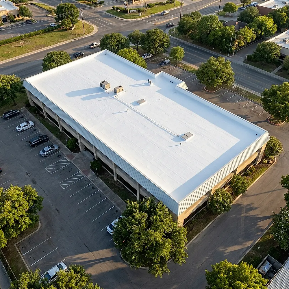 An aerial view of a commercial building with a white coated flat roof.