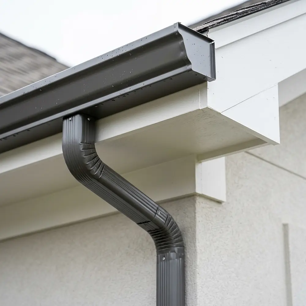 A close view of a new seamless aluminium gutter and downspout on a house.