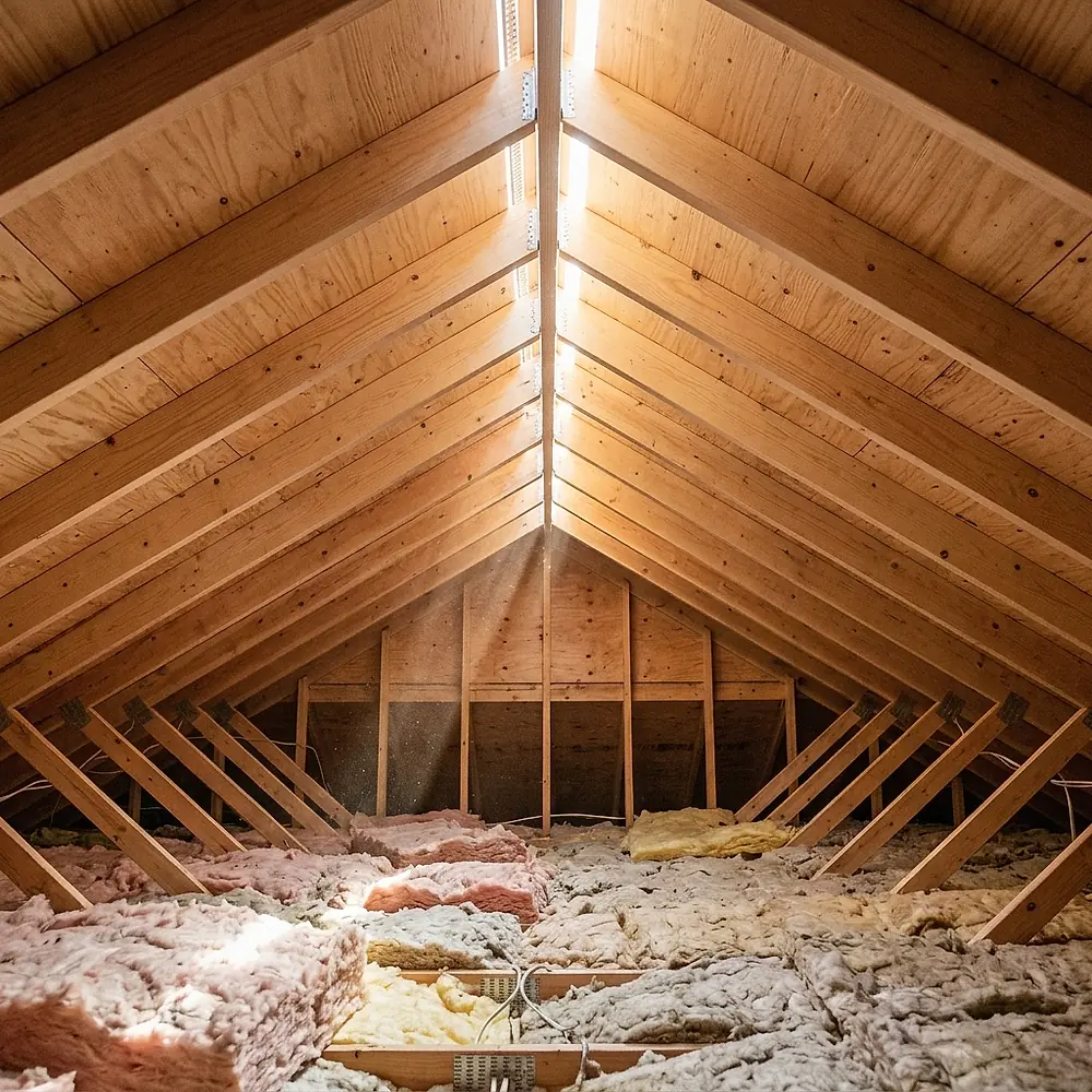 Daylight through a ridge vent in a clean attic with new decking and insulation.