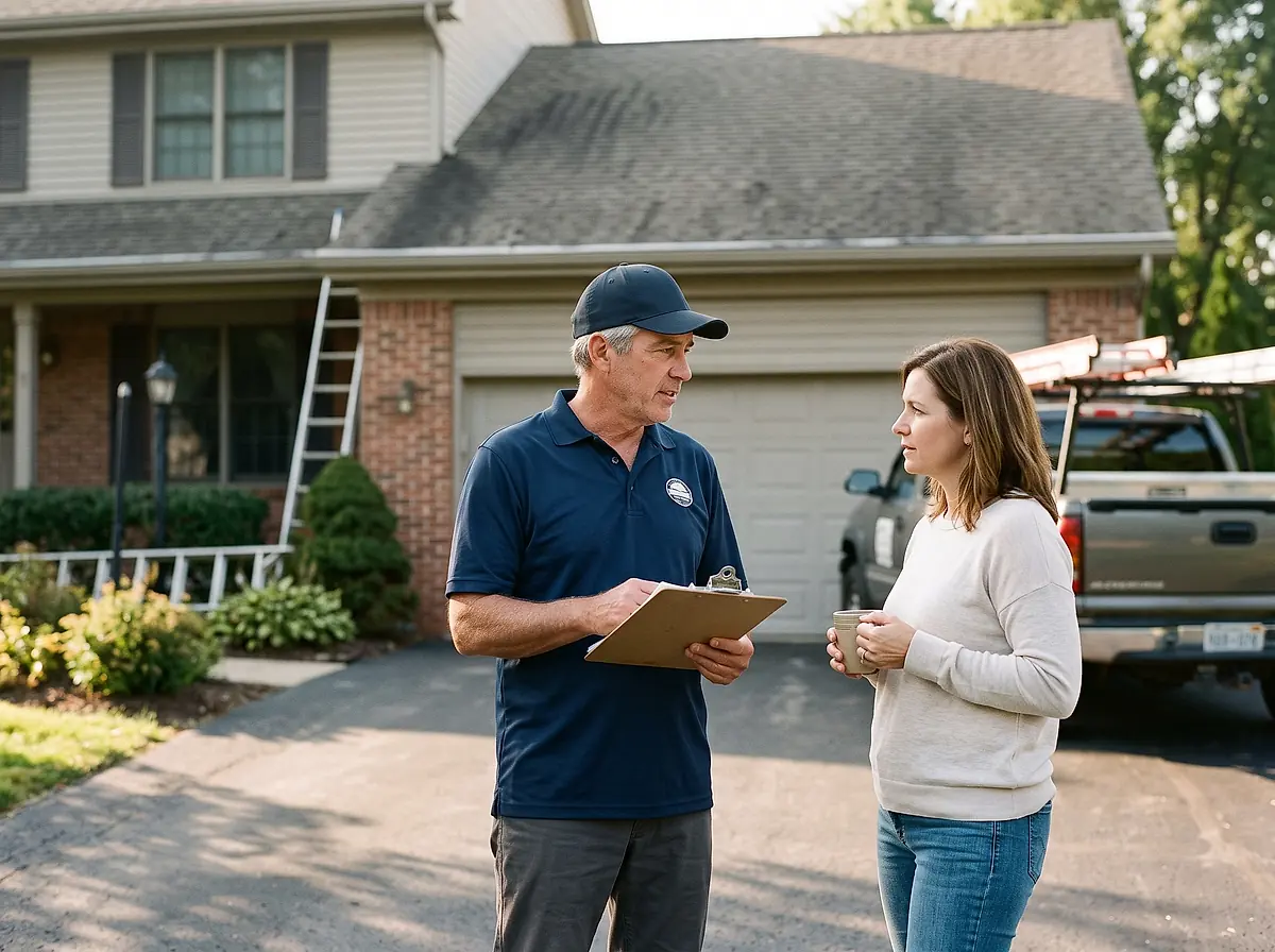 A roofing contractor with a clipboard talking through a job with a homeowner in her driveway.