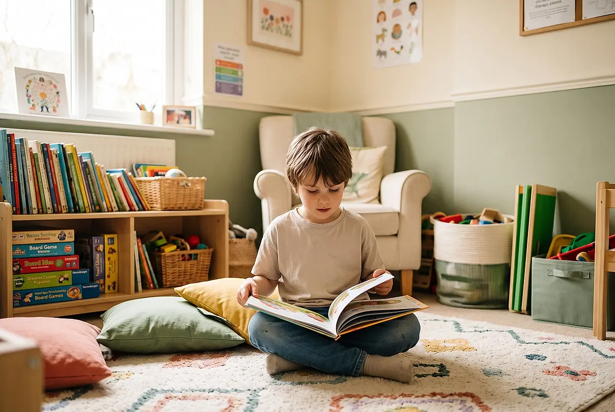 A child sitting on the floor of the playroom, reading a picture book.