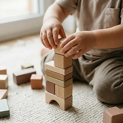 A child stacking wooden blocks on the rug.