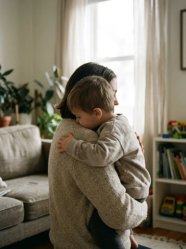 A parent holding a child in a close hug.