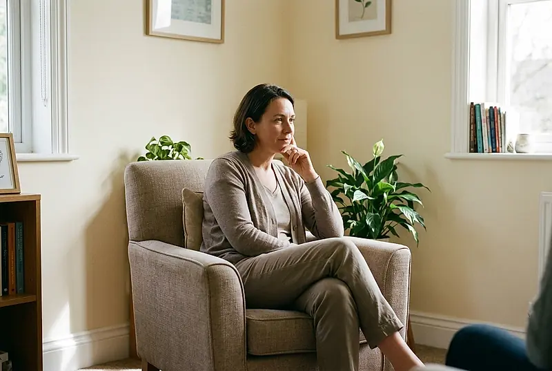 A therapist seated in an armchair, listening.
