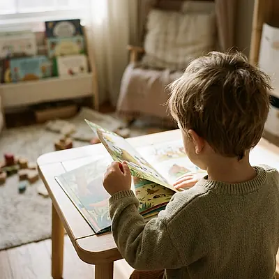 A child turning the pages of a picture book at a low table.