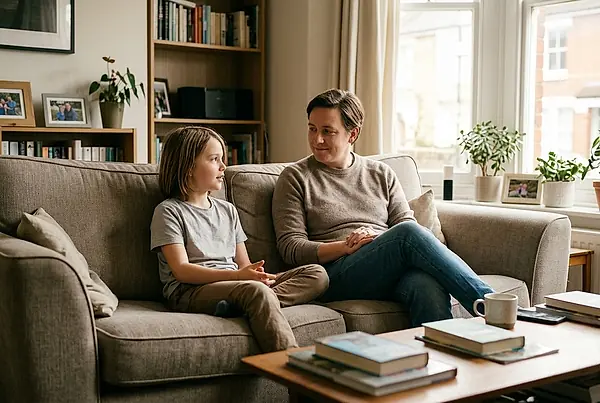 A parent and child talking together on a sofa.