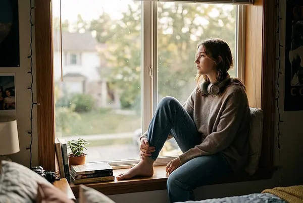 A teenager sitting on a windowsill, looking out.