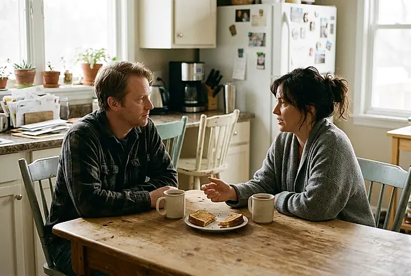 Two parents talking over coffee at the kitchen table.