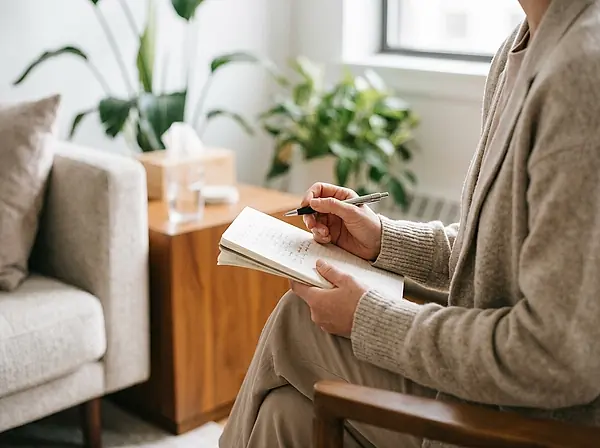 A therapist holding a notebook during a session.