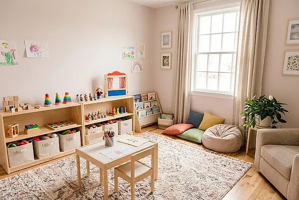 The playroom, with low shelves of toys and a small table.