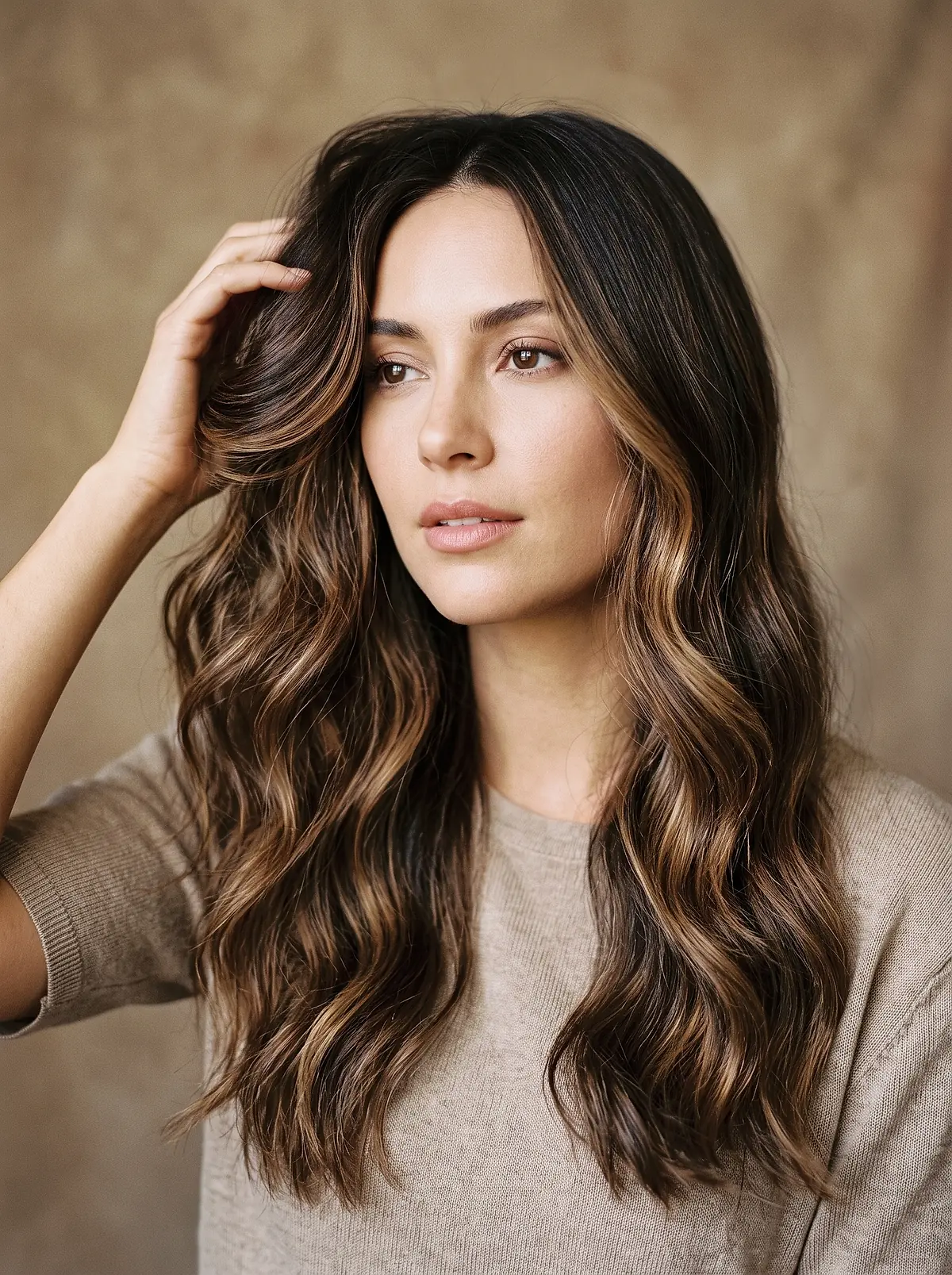 A stylist lifts a client's long, softly balayaged hair away from her face in daylight