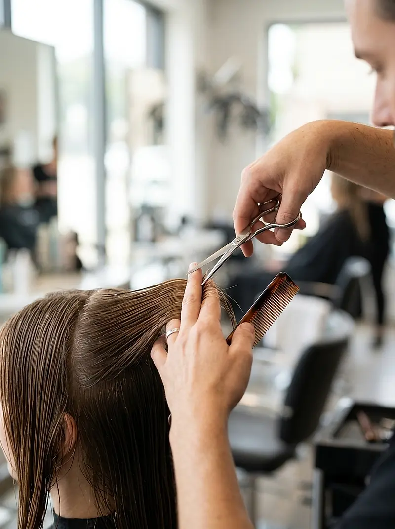 A stylist cutting a clean section of hair with shears and a comb