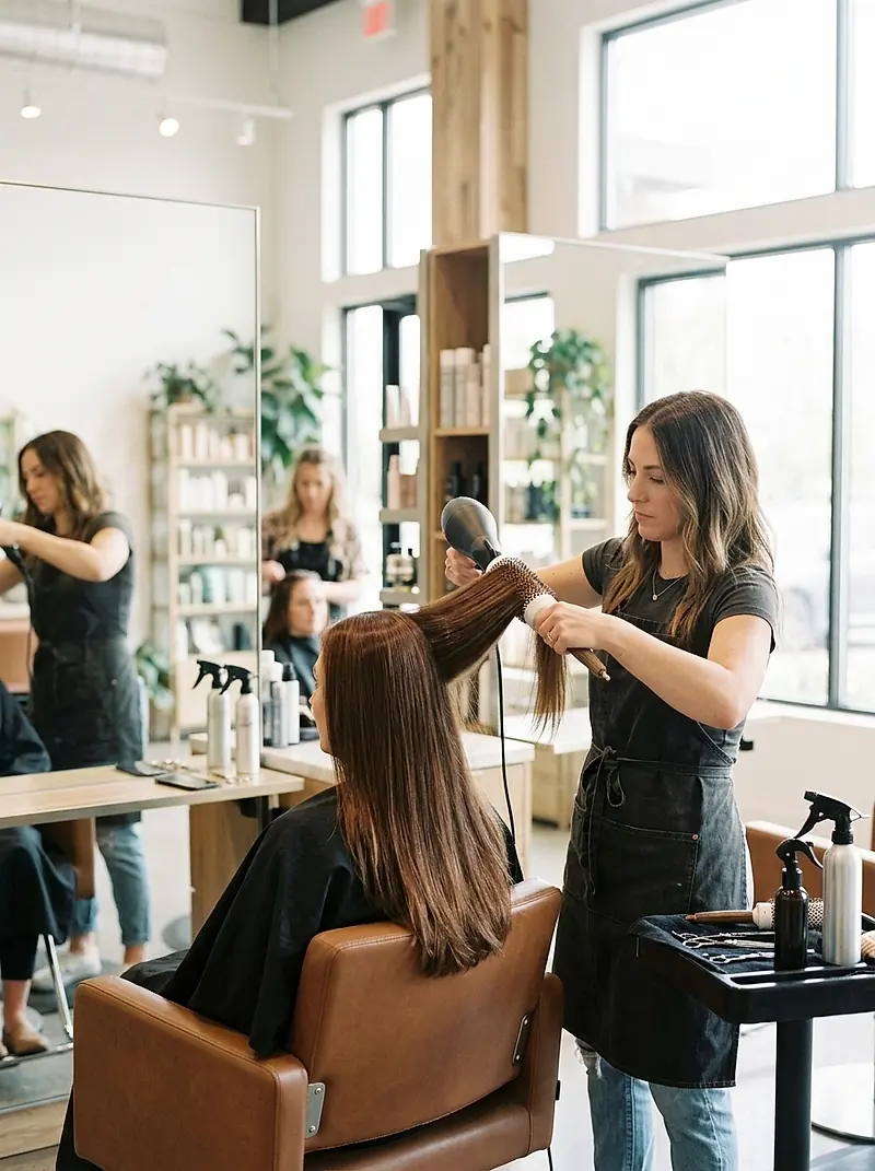A stylist blow-drying a client's hair smooth with a round brush