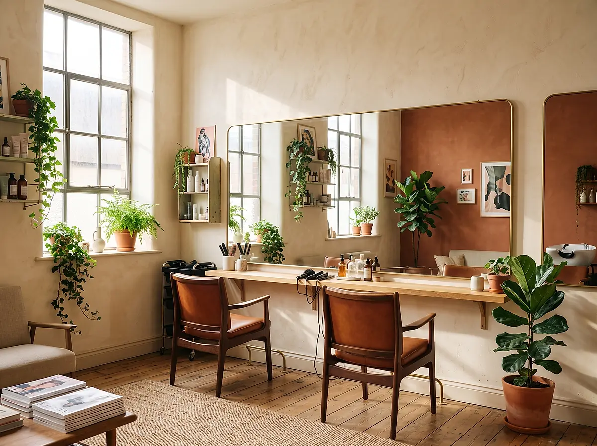 Two styling chairs, a long mirror and plants inside the Rouge salon