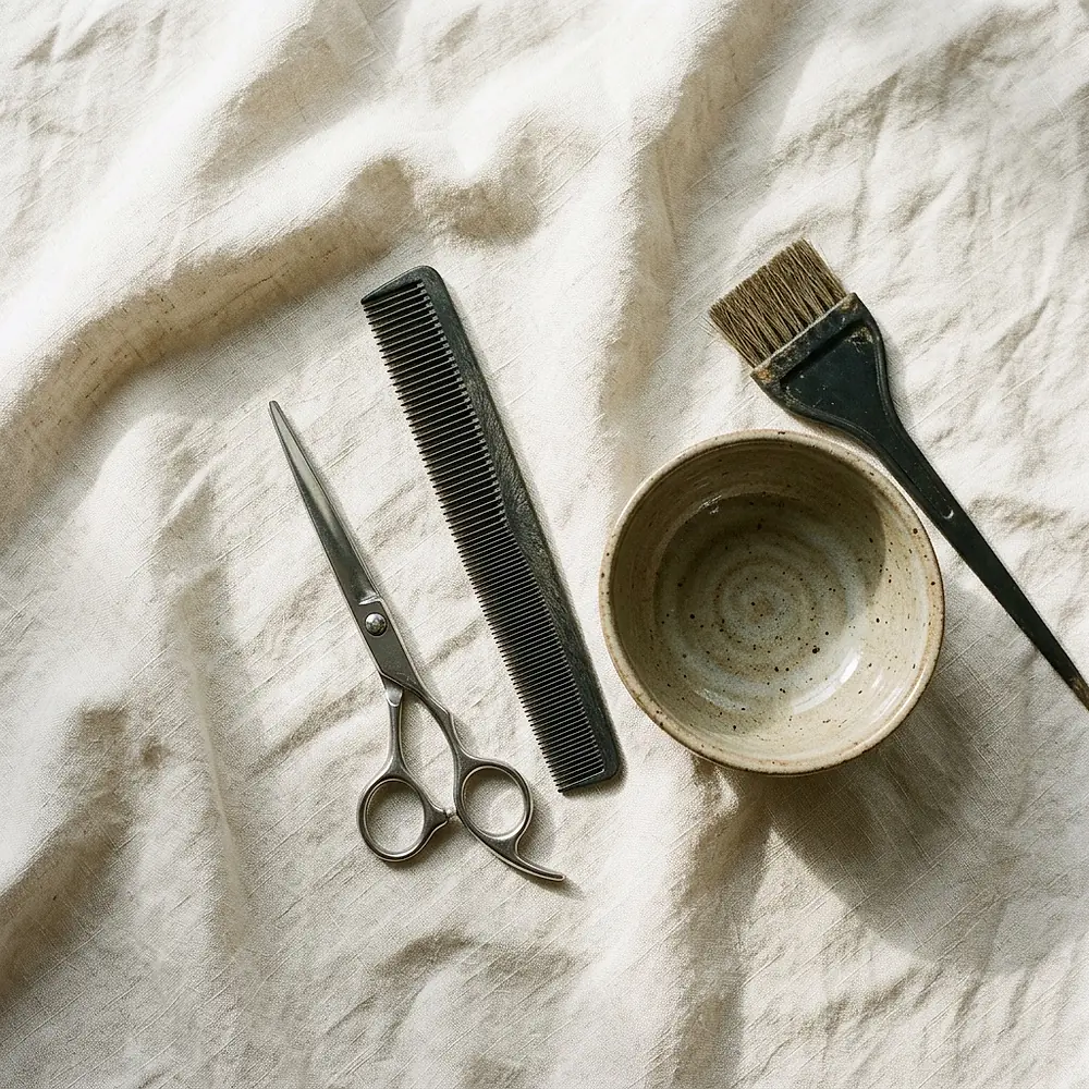 Shears, a comb and a colour bowl laid out on linen