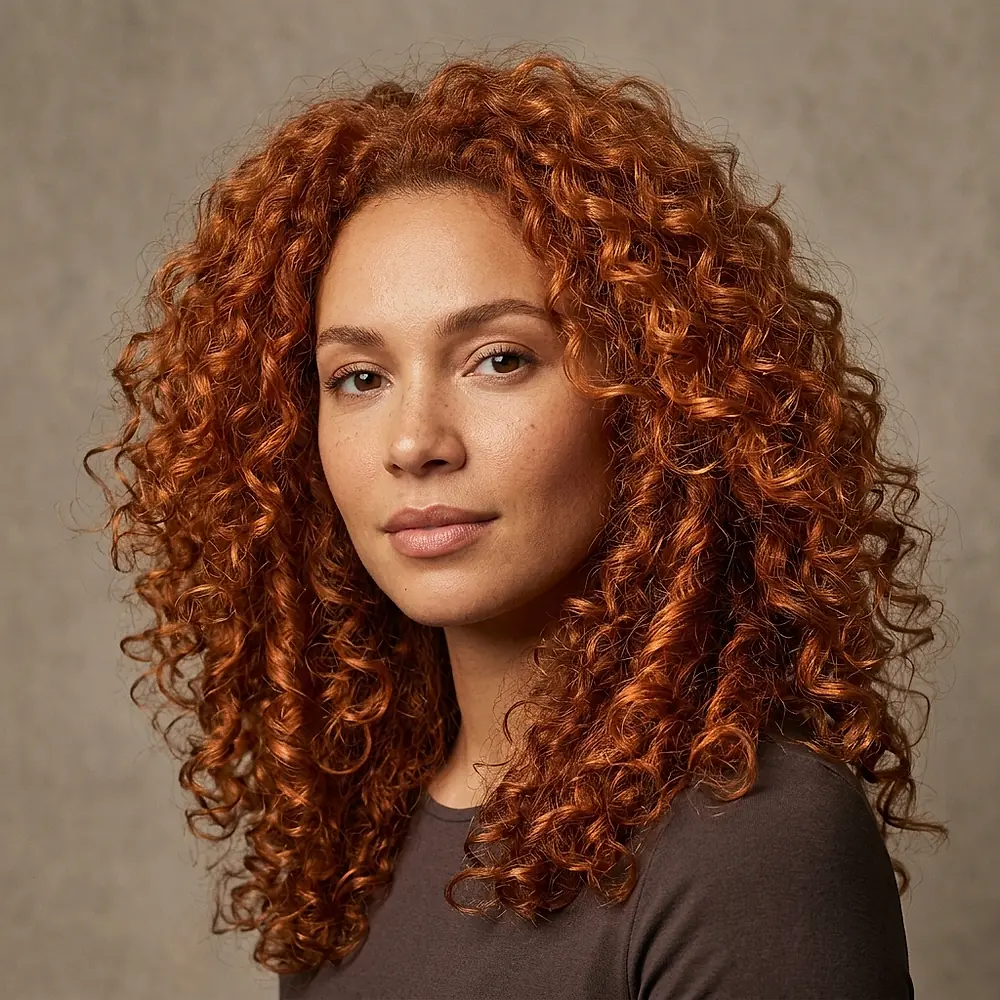 A client with voluminous natural curls coloured copper