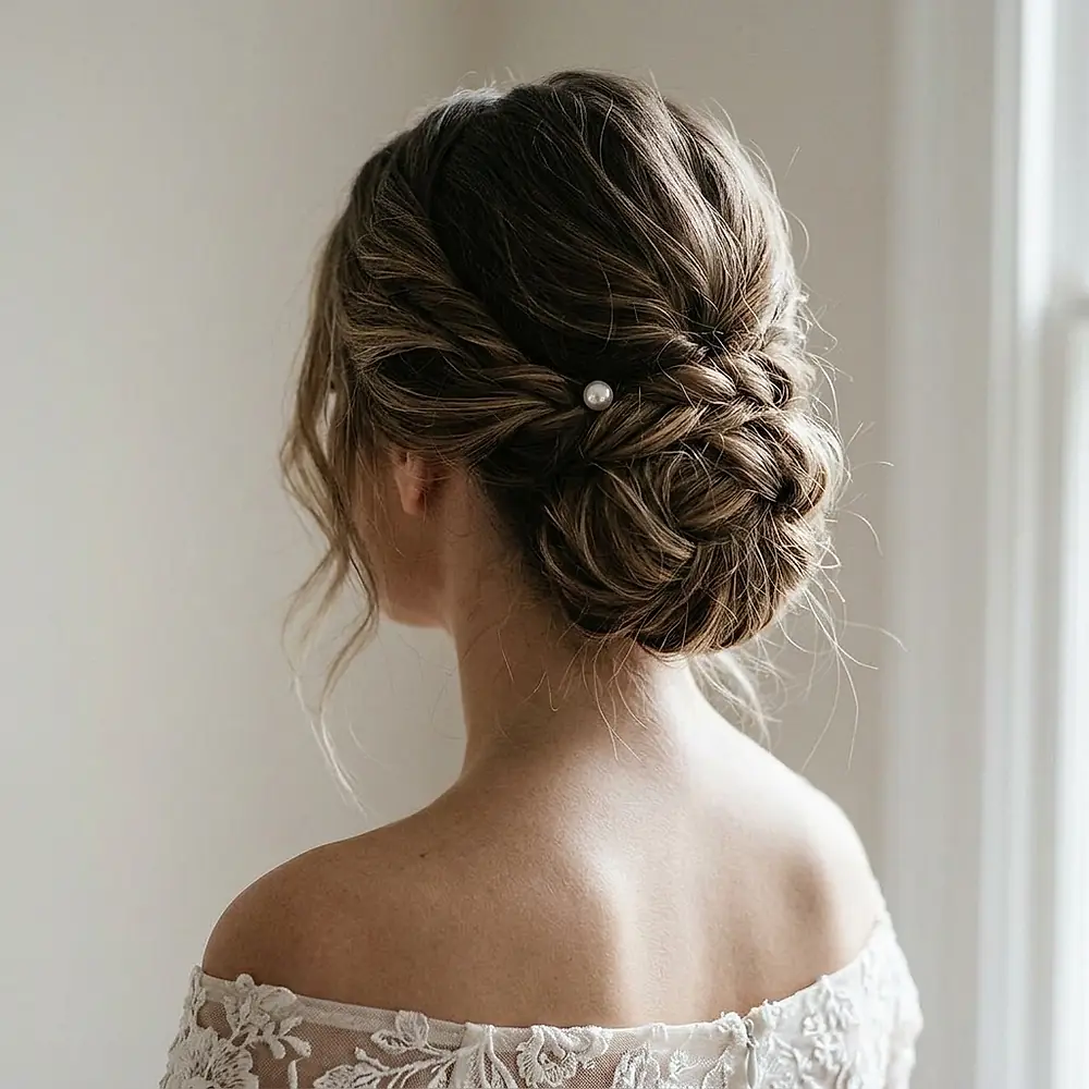 A bridal updo pinned with a small pearl clip