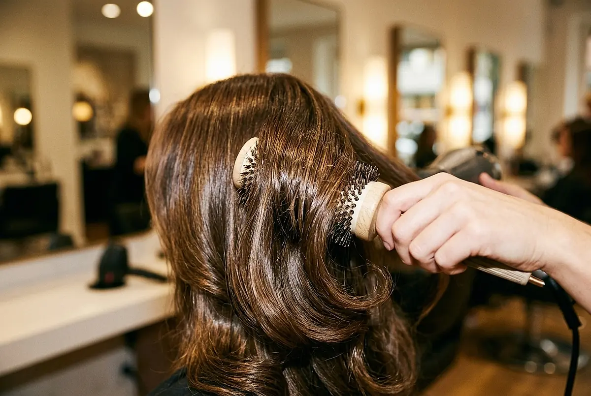 A glossy blow-dried section of hair finished with a round brush