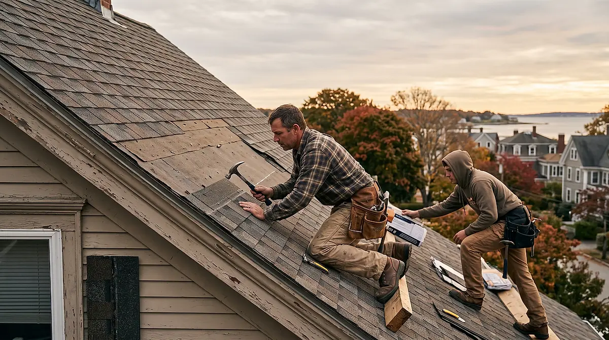 Two roofers setting shingles along the ridge of an older Portland house in late afternoon light.