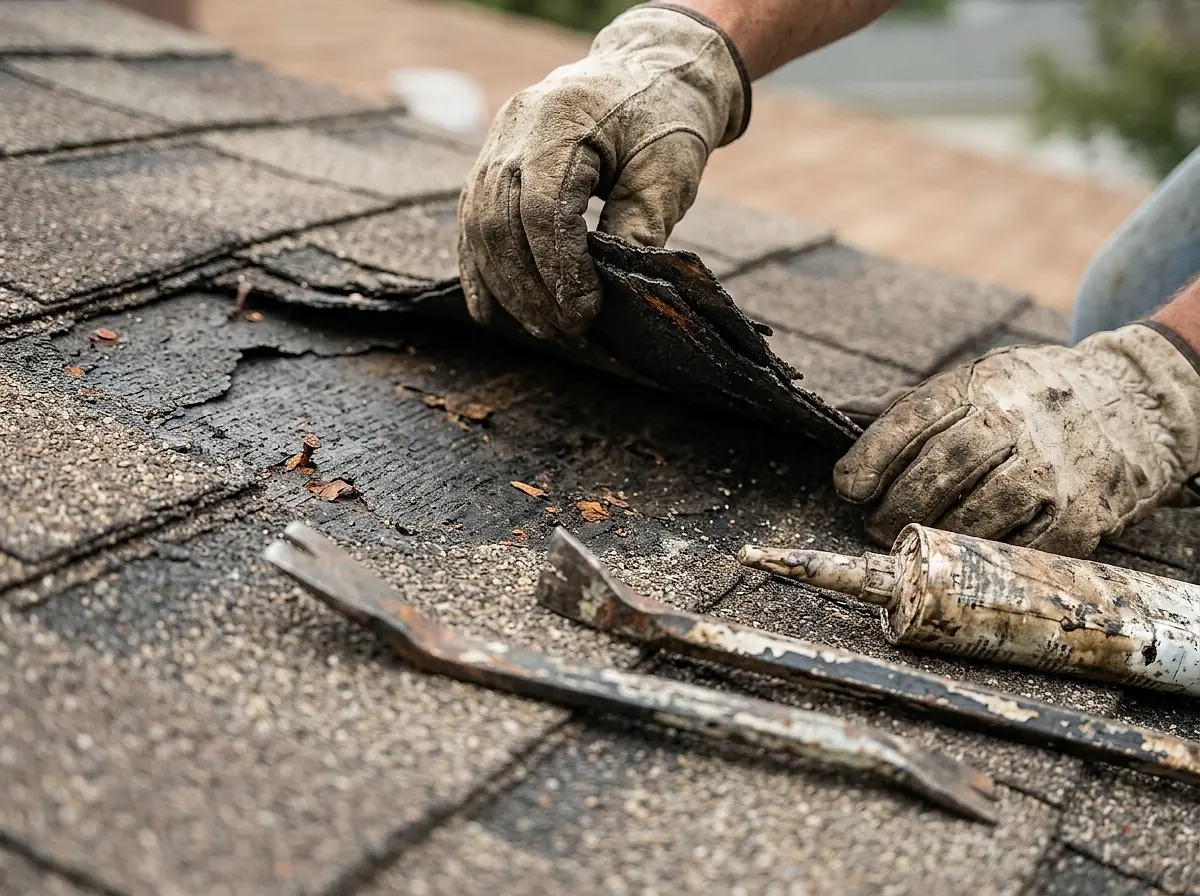 A roofer lifting a damaged shingle to inspect the underlayment beneath it.