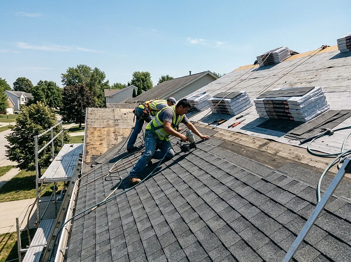 Two roofers nailing a new course of dark shingles on a house roof.