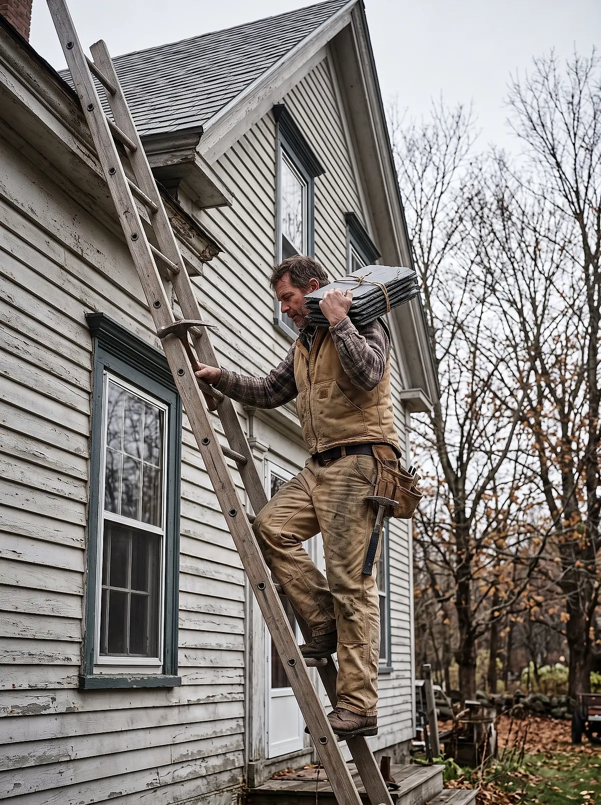 A roofer carrying slate tiles up a ladder against an old clapboard house.