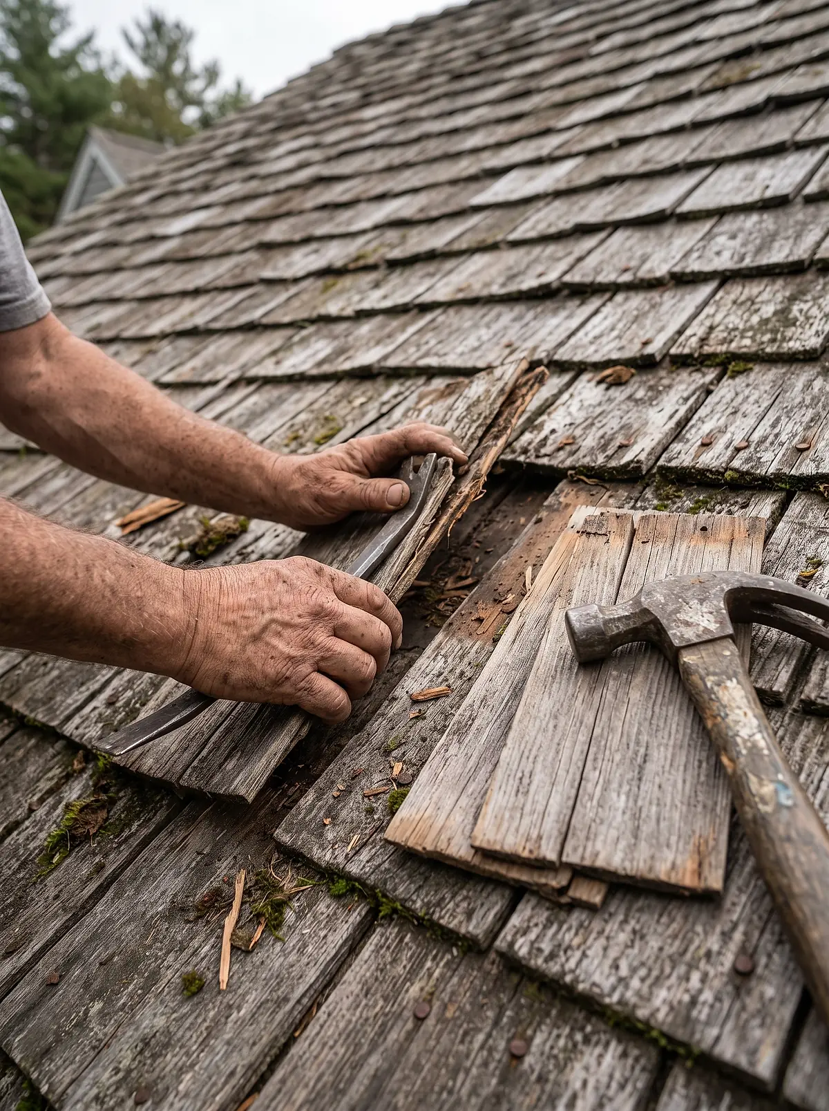 Hands prying up a split cedar shake on the roof of an old New England house.