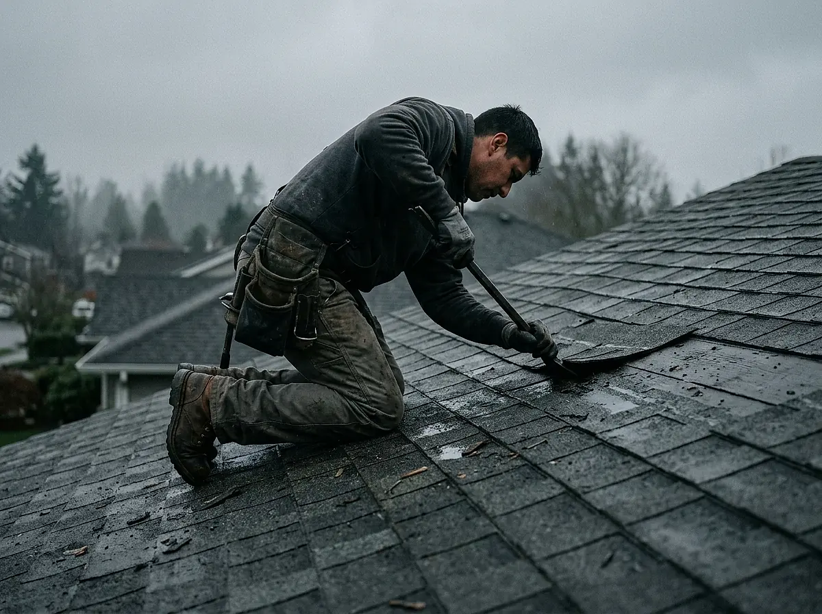 A roofer kneeling on a shingled roof with a pry bar, tracing a leak.